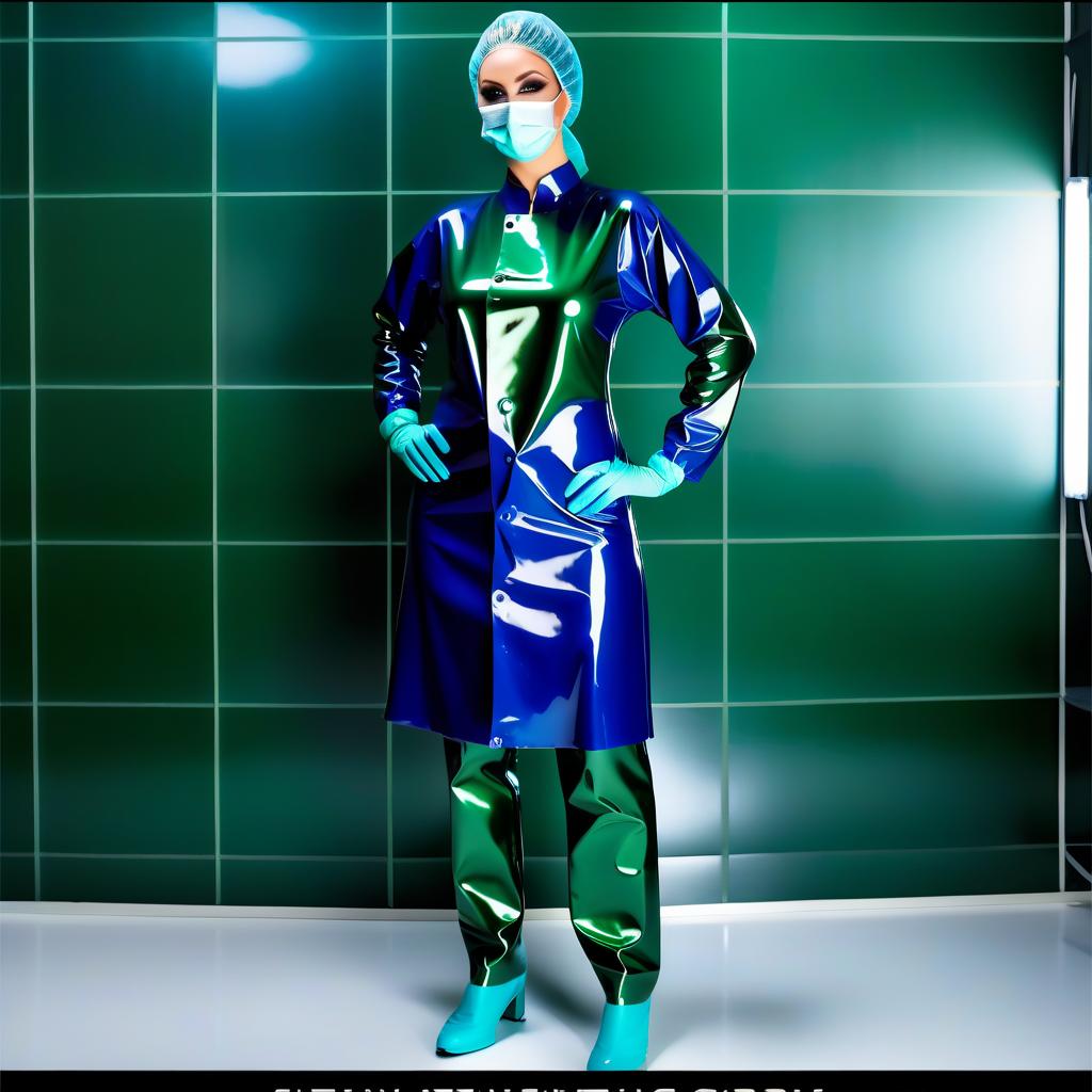  (Detailed description), (a lonely female surgeon), in (shiny latex: 1.2) (dark green: 1.1) and (dark blue: 1.1), (full size: 1.2), (front view: 1.2), (profile: 1.2), stands alone in a dressing room of a waiting room in the operating theater in front of a tiled wall, with no one else there. • Detailed description: (colors and details of the surgical outfit, only available in two color execution): • shiny latex • dark green and dark blue, • no other colors are available. • Surgical suit: (shiny latex. Surgical gown with a straight cut: 1.3), (tight at the waist: 1.3), (length to the knee: 1.3), (collar closed: 1.3), (no pockets: 1.3), (elastic pleats at the waist: 1.3), (long sleeves of shiny latex: 1.3), (cuffs on rubber: 1.3), (s hyperrealistic, full body, detailed clothing, highly detailed, cinematic lighting, stunningly beautiful, intricate, sharp focus, f/1. 8, 85mm, (centered image composition), (professionally color graded), ((bright soft diffused light)), volumetric fog, trending on instagram, trending on tumblr, HDR 4K, 8K