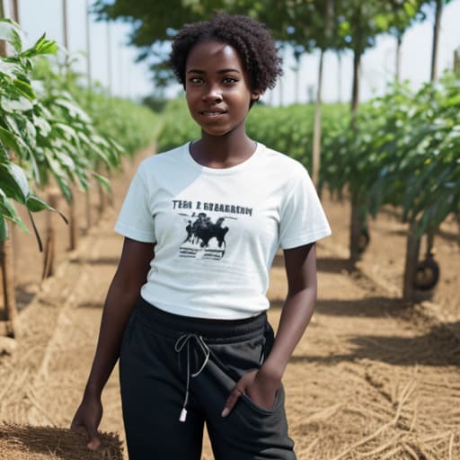  short hair black girl wearing t-shirt and pants doing farm work