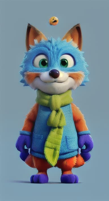  {Error the fox pressing the blue button with his paw, looking puzzled as nothing occurs., Error is a small, bright orange fox with a fluffy tail and big, inquisitive eyes. He has a mischievous yet kind expression and wears a tiny green scarf.