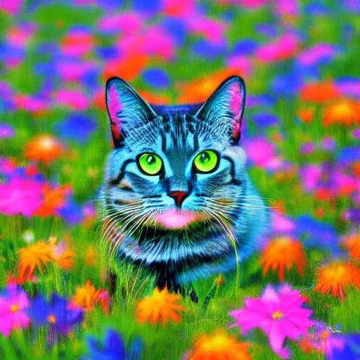  A cyber cat with giant electro flowers at sunrise generative ai hyperrealistic, full body, detailed clothing, highly detailed, cinematic lighting, stunningly beautiful, intricate, sharp focus, f/1. 8, 85mm, (centered image composition), (professionally color graded), ((bright soft diffused light)), volumetric fog, trending on instagram, trending on tumblr, HDR 4K, 8K