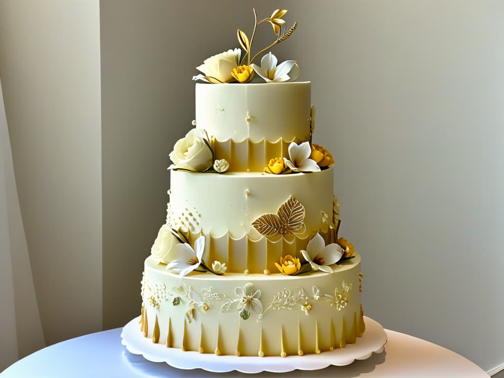  A closeup, ultrahighdefinition image of a perfectly glazed and decorated threetiered wedding cake, featuring intricate piping details, delicate sugar flowers, and shimmering edible gold leaf accents. The cake stands elegantly on a sleek, modern cake stand against a soft, blurred background, highlighting the craftsmanship and artistry of professional pastry certification. hyperrealistic, full body, detailed clothing, highly detailed, cinematic lighting, stunningly beautiful, intricate, sharp focus, f/1. 8, 85mm, (centered image composition), (professionally color graded), ((bright soft diffused light)), volumetric fog, trending on instagram, trending on tumblr, HDR 4K, 8K