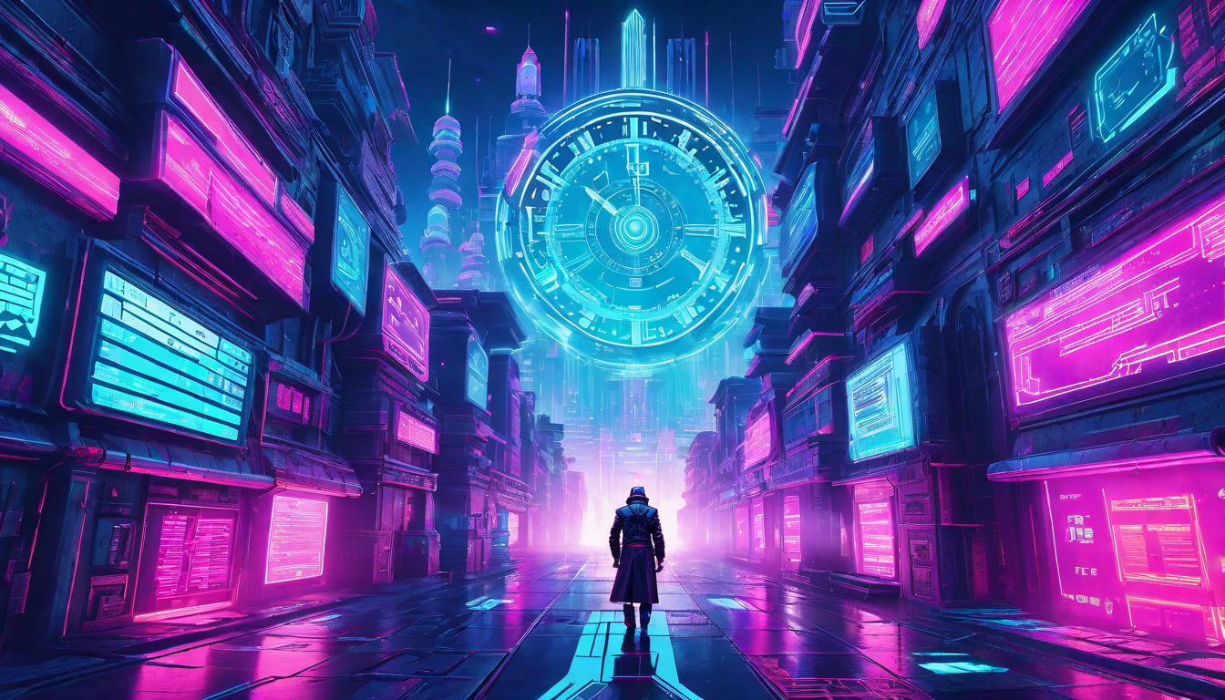  vaporwave,cyberpunk game style Master of time, elements swirling, ancient symbols, wise and powerfuleon, dystopian, futuristic, digital, vibrant, detailed, high contrast, reminiscent of cyberpunk genre video games,retro aesthetic, cyberpunk, vibrant, neon colors, vintage 80s and 90s style, highly detailed