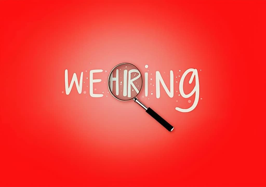  good quality, high quality, a clear 'we are hiring' sign on a red backdrop featuring a magnifying glass, emphasizing the active search for new employees and creating an inviting and urgent call to action