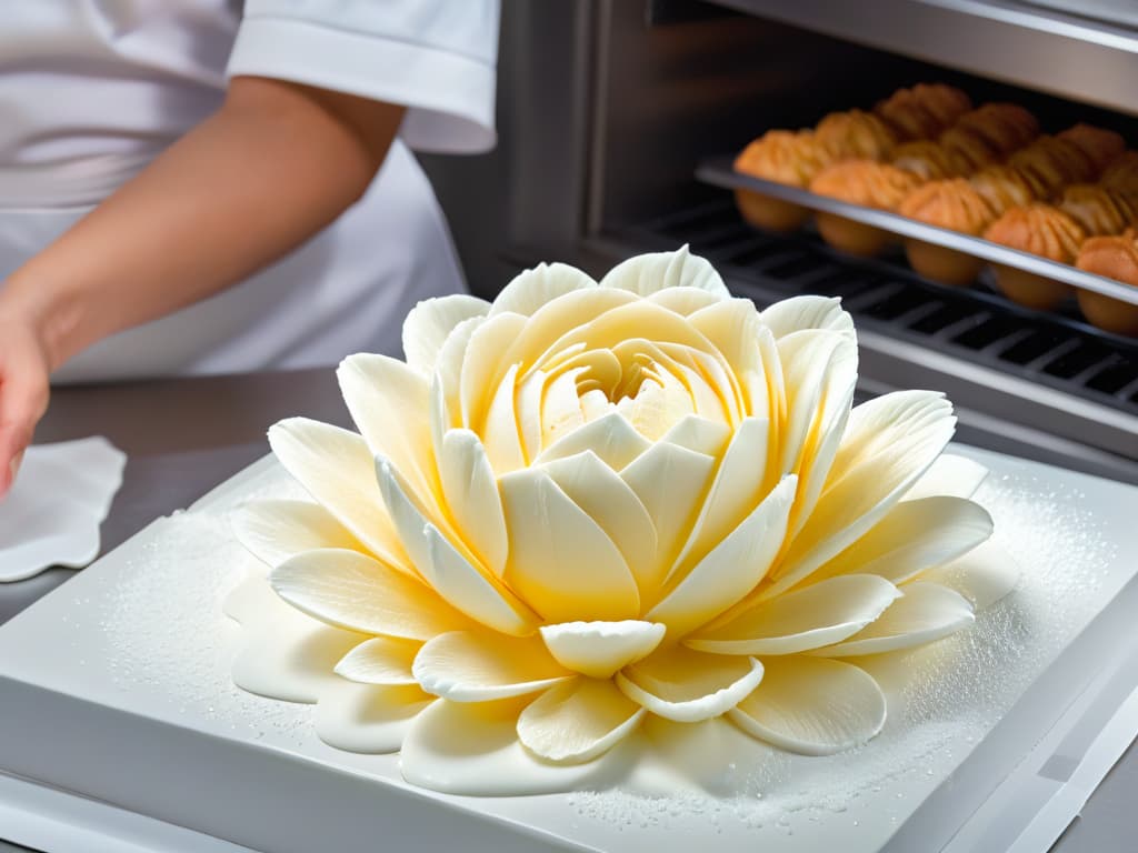  A closeup, ultradetailed image of a delicate sugar flower being meticulously crafted by a pastry chef's skilled hands, showcasing intricate details like individual petals being delicately shaped and textured, with a background of a sleek, modern kitchen filled with hightech augmented reality baking tools subtly integrated into the scene. hyperrealistic, full body, detailed clothing, highly detailed, cinematic lighting, stunningly beautiful, intricate, sharp focus, f/1. 8, 85mm, (centered image composition), (professionally color graded), ((bright soft diffused light)), volumetric fog, trending on instagram, trending on tumblr, HDR 4K, 8K