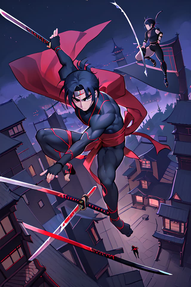  Ninja, acrobat, dynamism, high angle, ninja bundle, beautiful boy, acrobatic, ninjutsu, sword, tension, night, detail