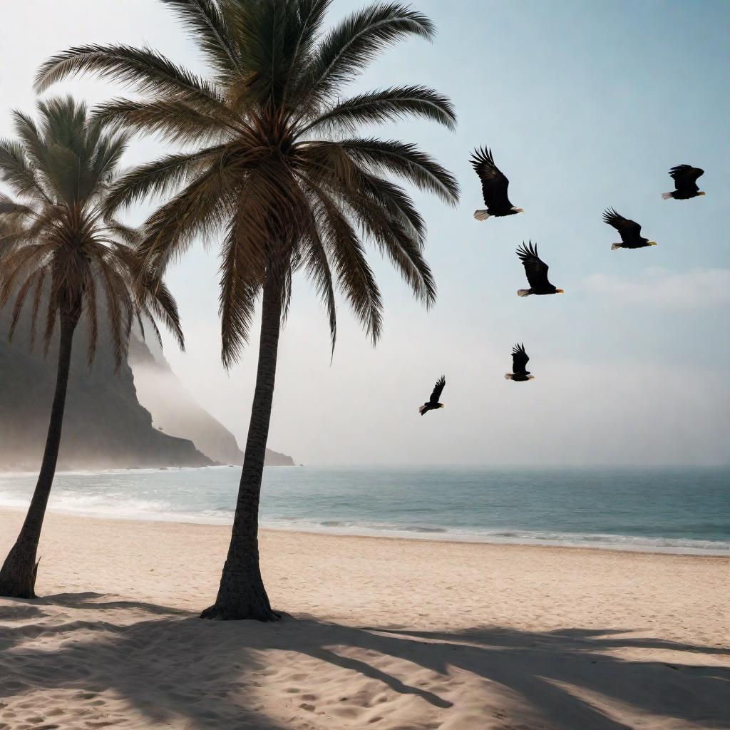  One color, all black silhouettes of palm trees on a beach with some eagles flying in the sky. hyperrealistic, full body, detailed clothing, highly detailed, cinematic lighting, stunningly beautiful, intricate, sharp focus, f/1. 8, 85mm, (centered image composition), (professionally color graded), ((bright soft diffused light)), volumetric fog, trending on instagram, trending on tumblr, HDR 4K, 8K