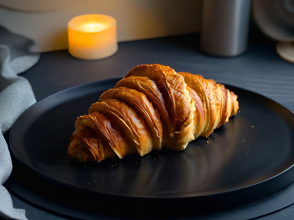  A closeup, ultradetailed image of a golden, perfectly crispy croissant on a sleek, modern black plate, showcasing its flaky layers and inviting texture. hyperrealistic, full body, detailed clothing, highly detailed, cinematic lighting, stunningly beautiful, intricate, sharp focus, f/1. 8, 85mm, (centered image composition), (professionally color graded), ((bright soft diffused light)), volumetric fog, trending on instagram, trending on tumblr, HDR 4K, 8K