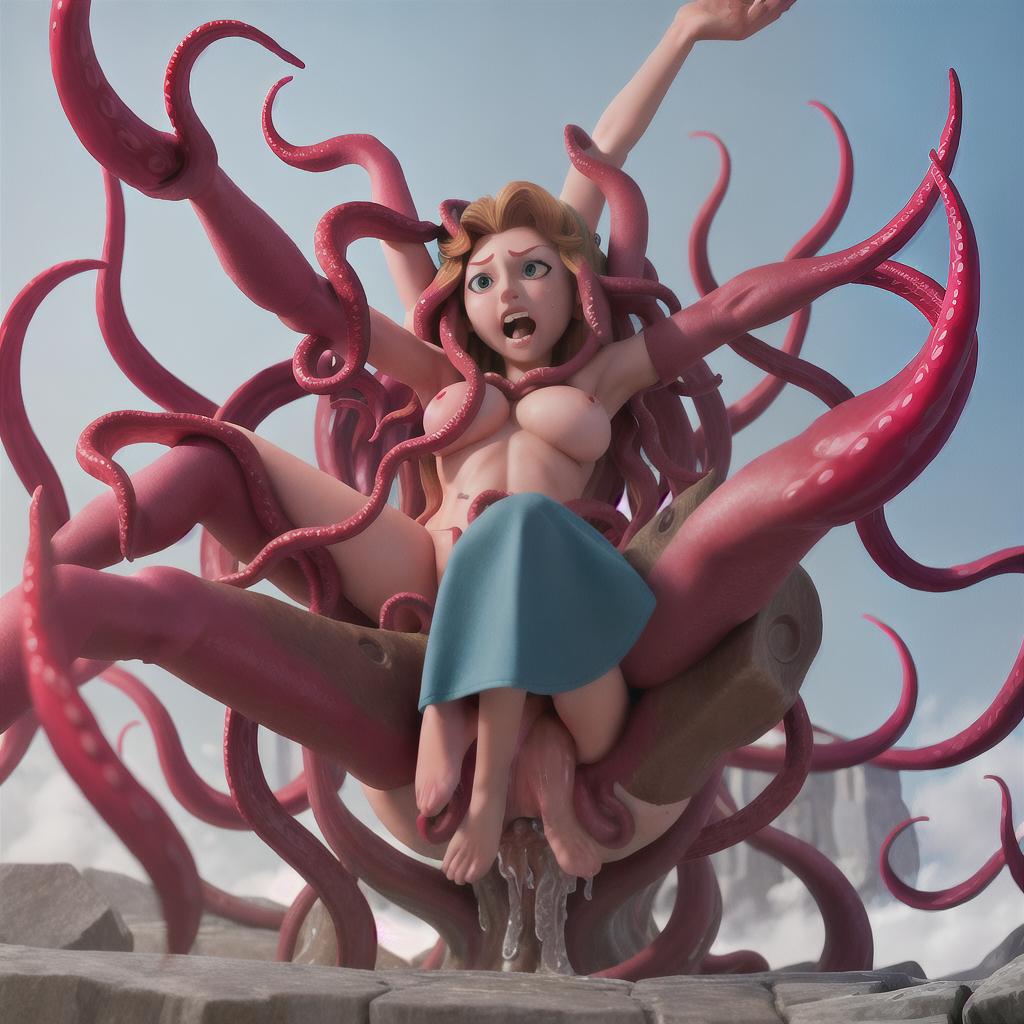  masterpiece, best quality, naked woman, legs open wide, wet, tentacles fucking her vagina, arms tied, giant tentacles