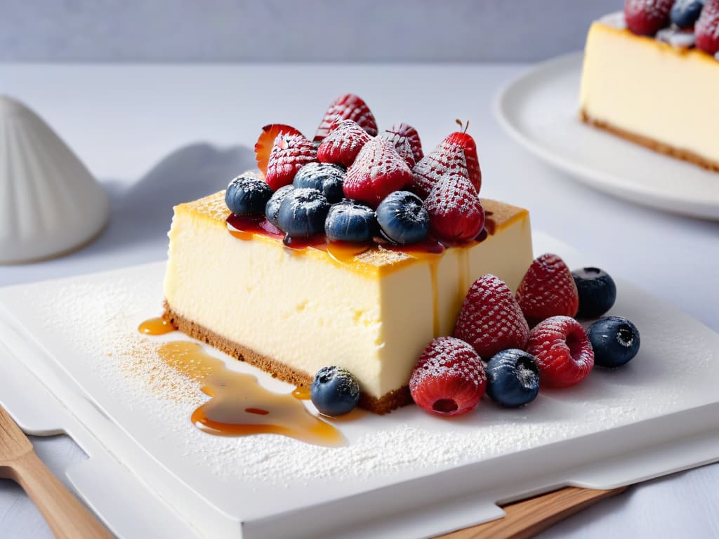  A closeup, ultradetailed photograph of a delicate cheesecake slice with a perfectly smooth, creamy texture topped with fresh berries and a drizzle of honey, all presented on a sleek, white plate with a subtle dusting of powdered sugar. The vibrant colors of the berries pop against the creamy cheesecake, showcasing the luxurious and versatile nature of using cheese in gourmet pastry creations. hyperrealistic, full body, detailed clothing, highly detailed, cinematic lighting, stunningly beautiful, intricate, sharp focus, f/1. 8, 85mm, (centered image composition), (professionally color graded), ((bright soft diffused light)), volumetric fog, trending on instagram, trending on tumblr, HDR 4K, 8K