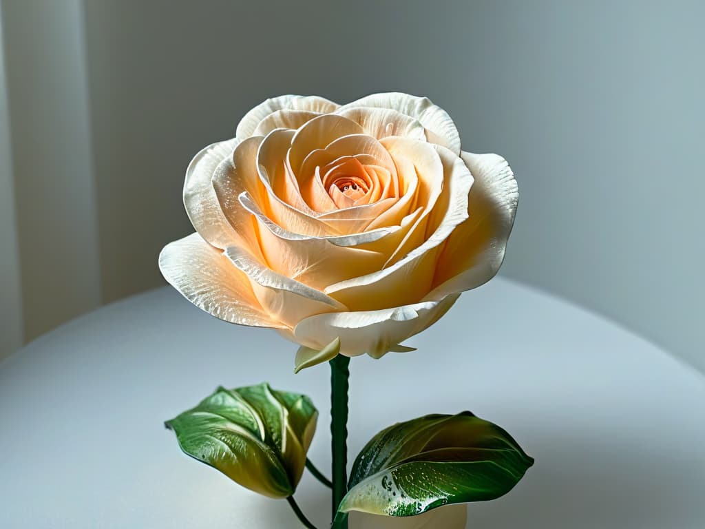  A closeup, ultradetailed image of a delicate sugar sculpture of a blooming rose, showcasing intricate petal details and shimmering translucency under soft, diffused lighting. hyperrealistic, full body, detailed clothing, highly detailed, cinematic lighting, stunningly beautiful, intricate, sharp focus, f/1. 8, 85mm, (centered image composition), (professionally color graded), ((bright soft diffused light)), volumetric fog, trending on instagram, trending on tumblr, HDR 4K, 8K