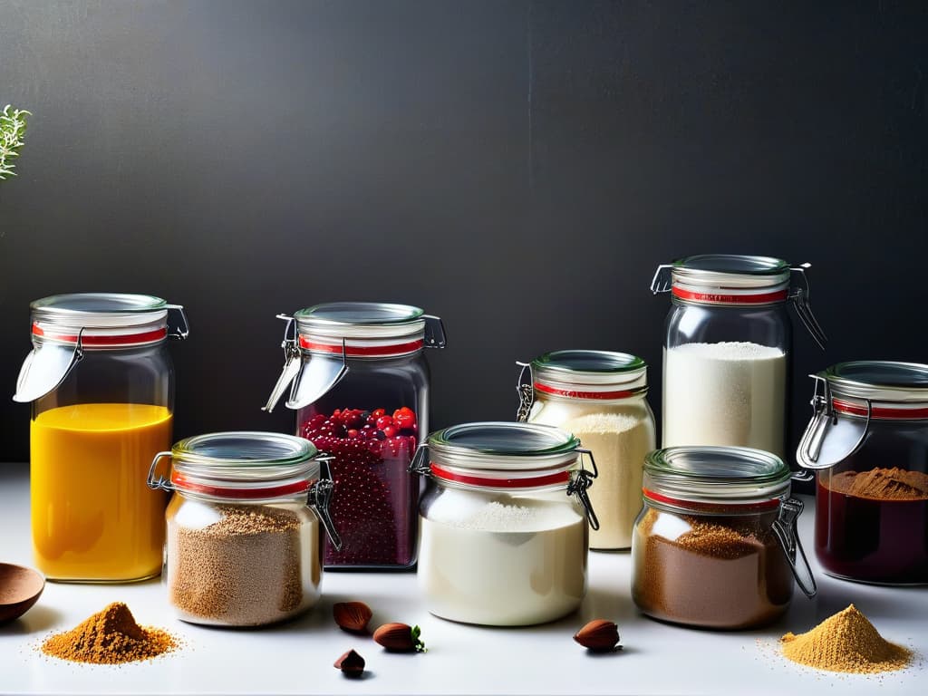  A highresolution image of a sleek, modern kitchen countertop with an assortment of advanced glutenfree baking ingredients neatly arranged in glass jars and stainless steel containers. The ingredients include almond flour, coconut sugar, organic cacao powder, vanilla extract, and colorful berries. Soft natural light gently illuminates the scene, casting a subtle glow on the ingredients, creating a visually appealing and aspirational image for glutenfree baking enthusiasts. hyperrealistic, full body, detailed clothing, highly detailed, cinematic lighting, stunningly beautiful, intricate, sharp focus, f/1. 8, 85mm, (centered image composition), (professionally color graded), ((bright soft diffused light)), volumetric fog, trending on instagram, trending on tumblr, HDR 4K, 8K