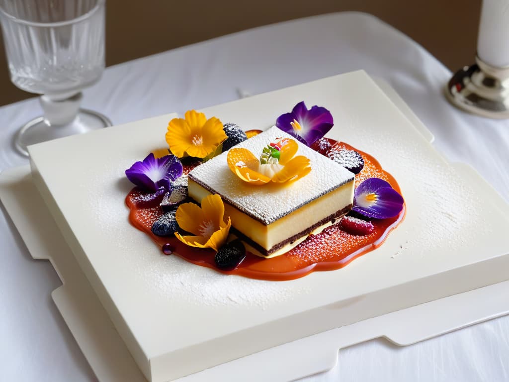  An elegant and minimalistic image of a beautifully crafted dessert fusion showcasing elements from different culinary traditions harmoniously combined on a pristine white plate, with intricate details like delicate drizzles of sauce, edible flower garnishes, and a dusting of powdered sugar, all set against a soft, blurred background to emphasize the artistry and creativity behind the dish. hyperrealistic, full body, detailed clothing, highly detailed, cinematic lighting, stunningly beautiful, intricate, sharp focus, f/1. 8, 85mm, (centered image composition), (professionally color graded), ((bright soft diffused light)), volumetric fog, trending on instagram, trending on tumblr, HDR 4K, 8K