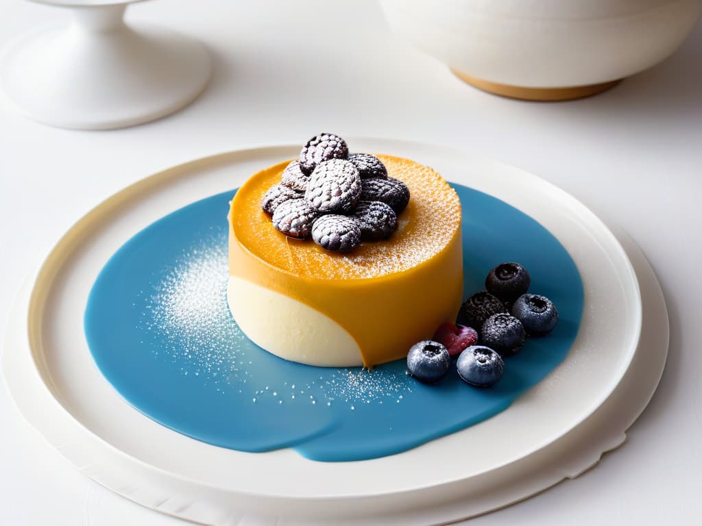  A closeup, highresolution image of a delicate, intricately designed pastry showcasing a perfect balance between traditional and innovative techniques. The pastry is elegantly presented on a simple, modern plate, emphasizing its artistry and attention to detail. The lighting is soft and focused, highlighting the textures and colors of the dessert, while the background remains clean and unobtrusive, enhancing the overall minimalist aesthetic. hyperrealistic, full body, detailed clothing, highly detailed, cinematic lighting, stunningly beautiful, intricate, sharp focus, f/1. 8, 85mm, (centered image composition), (professionally color graded), ((bright soft diffused light)), volumetric fog, trending on instagram, trending on tumblr, HDR 4K, 8K