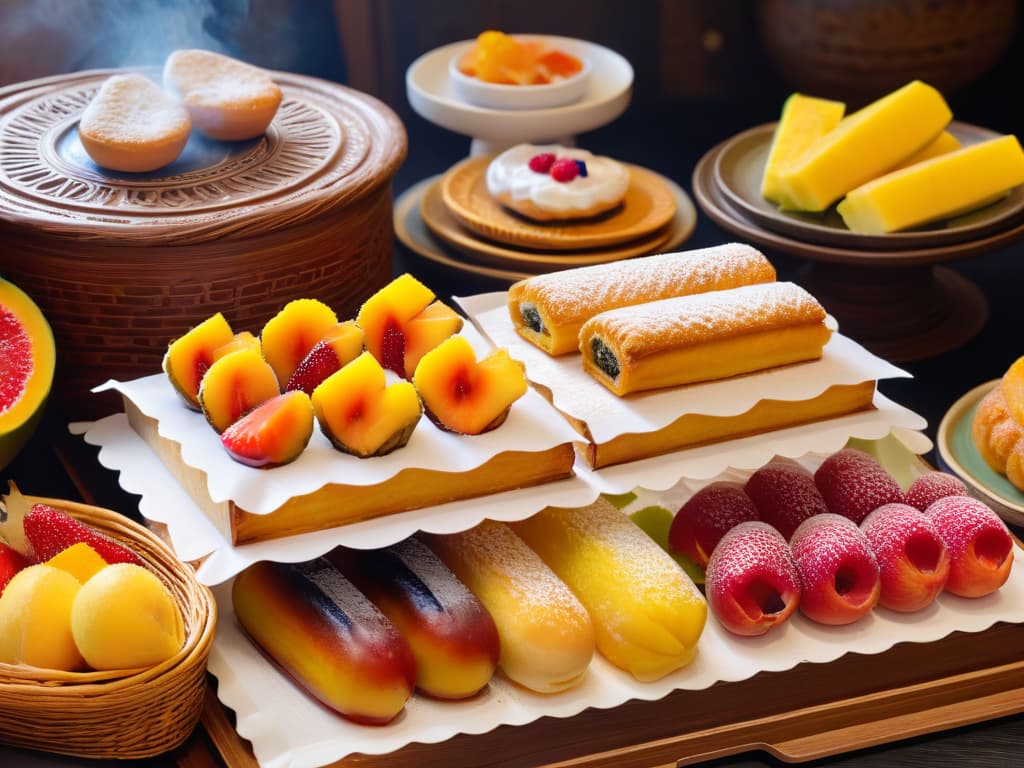  An ultradetailed, 8k resolution image of a colorful array of Mexican pastries such as churros, conchas, and pan dulce displayed on traditional Talavera pottery plates. The pastries are surrounded by vibrant fresh fruits like mango, pineapple, and papaya, enhancing the visual feast of flavors and textures. The background is a softly blurred image of a bustling Mexican market, adding an authentic touch to the minimalistic composition. hyperrealistic, full body, detailed clothing, highly detailed, cinematic lighting, stunningly beautiful, intricate, sharp focus, f/1. 8, 85mm, (centered image composition), (professionally color graded), ((bright soft diffused light)), volumetric fog, trending on instagram, trending on tumblr, HDR 4K, 8K