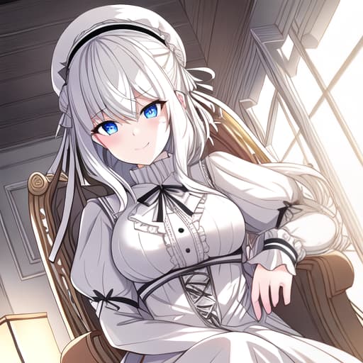  Short little white girl sitting in a chair, she has white hair in a side bun and where's a black and blue marin little hat for decoration and a white black dress with blue eyes and having a smug expression on her face hyperrealistic, full body, detailed clothing, highly detailed, cinematic lighting, stunningly beautiful, intricate, sharp focus, f/1. 8, 85mm, (centered image composition), (professionally color graded), ((bright soft diffused light)), volumetric fog, trending on instagram, trending on tumblr, HDR 4K, 8K