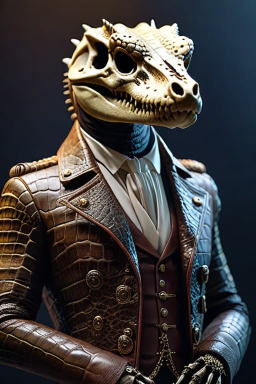  Alligator Skull hyperrealistic, full body, detailed clothing, highly detailed, cinematic lighting, stunningly beautiful, intricate, sharp focus, f/1. 8, 85mm, (centered image composition), (professionally color graded), ((bright soft diffused light)), volumetric fog, trending on instagram, trending on tumblr, HDR 4K, 8K