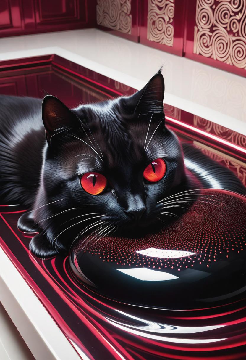  1. A sleek black cat with mesmerizing, luminous eyes reclines on a crimson velvet cushion, the ferrofluid-inspired patterns flowing through its fur casting a mysterious glow.
2. In a dimly lit room, an elegant Siamese cat peers curiously into a pool of shimmering ferrofluid, its reflection distorted and fragmented by the glossy black liquid. 
3. Against a backdrop of swirling metallic hues, a regal Persian cat with opulent fur poses majestically, its coat transformed into an ethereal cascade of ferrofluid-like patterns.
4. Bathed in soft, diffused light, a playful tabby kitten skitters across a polished floor, leaving behind a trail of enchanting ferrofluid footprints that seem to dance with each step.
5. Perched on a weathered stone wall,  hyperrealistic, full body, detailed clothing, highly detailed, cinematic lighting, stunningly beautiful, intricate, sharp focus, f/1. 8, 85mm, (centered image composition), (professionally color graded), ((bright soft diffused light)), volumetric fog, trending on instagram, trending on tumblr, HDR 4K, 8K