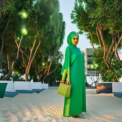 portrait+ style beautiful hijabi girl in the beach wearing a green dress hyperrealistic, full body, detailed clothing, highly detailed, cinematic lighting, stunningly beautiful, intricate, sharp focus, f/1. 8, 85mm, (centered image composition), (professionally color graded), ((bright soft diffused light)), volumetric fog, trending on instagram, trending on tumblr, HDR 4K, 8K