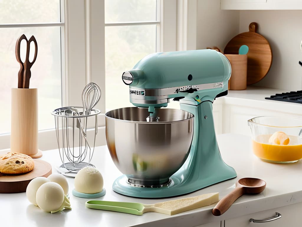  A minimalist image of a pristine white kitchen countertop with a sleek, modern stand mixer in a soft pastel color, surrounded by neatly arranged baking utensils like measuring cups, spatulas, and piping bags. The sunlight filtering through a nearby window casts a gentle, inviting glow on the scene, highlighting the clean lines and elegant simplicity of the baking tools. hyperrealistic, full body, detailed clothing, highly detailed, cinematic lighting, stunningly beautiful, intricate, sharp focus, f/1. 8, 85mm, (centered image composition), (professionally color graded), ((bright soft diffused light)), volumetric fog, trending on instagram, trending on tumblr, HDR 4K, 8K