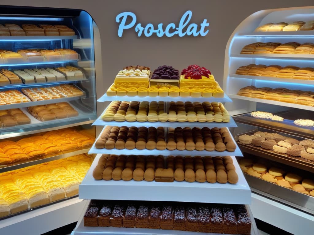  A minimalistic image of a sleek, modern bakery display showcasing an array of beautifully crafted desserts, with elegant signage highlighting key selling points like "productos frescos" and "ingredientes de calidad". The display is neatly organized, with each dessert meticulously arranged to tempt customers and convey a sense of sophistication and quality. The background is a soft, neutral color to enhance the aesthetic appeal of the desserts, making them the focal point of the image. hyperrealistic, full body, detailed clothing, highly detailed, cinematic lighting, stunningly beautiful, intricate, sharp focus, f/1. 8, 85mm, (centered image composition), (professionally color graded), ((bright soft diffused light)), volumetric fog, trending on instagram, trending on tumblr, HDR 4K, 8K