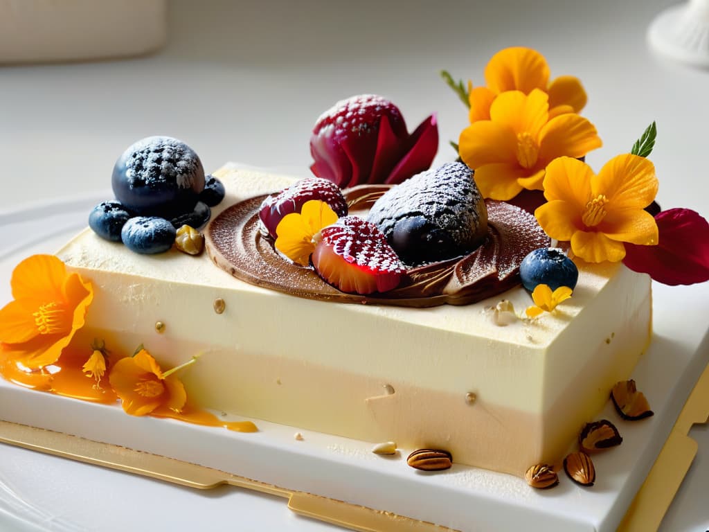  A closeup, ultradetailed image of a vibrant and intricate dessert plate featuring a symphony of colors and flavors. The dessert is elegantly presented with artistic swirls of colorful sauces, delicate edible flowers, shimmering gold leaf accents, and perfectly placed fruit garnishes. The textures are rich and varied, with smooth creams, crunchy nuts, and airy meringues creating a visual and sensory masterpiece. The play of light on the dessert highlights every detail, making it a feast for the eyes and a celebration of creativity in culinary art. hyperrealistic, full body, detailed clothing, highly detailed, cinematic lighting, stunningly beautiful, intricate, sharp focus, f/1. 8, 85mm, (centered image composition), (professionally color graded), ((bright soft diffused light)), volumetric fog, trending on instagram, trending on tumblr, HDR 4K, 8K