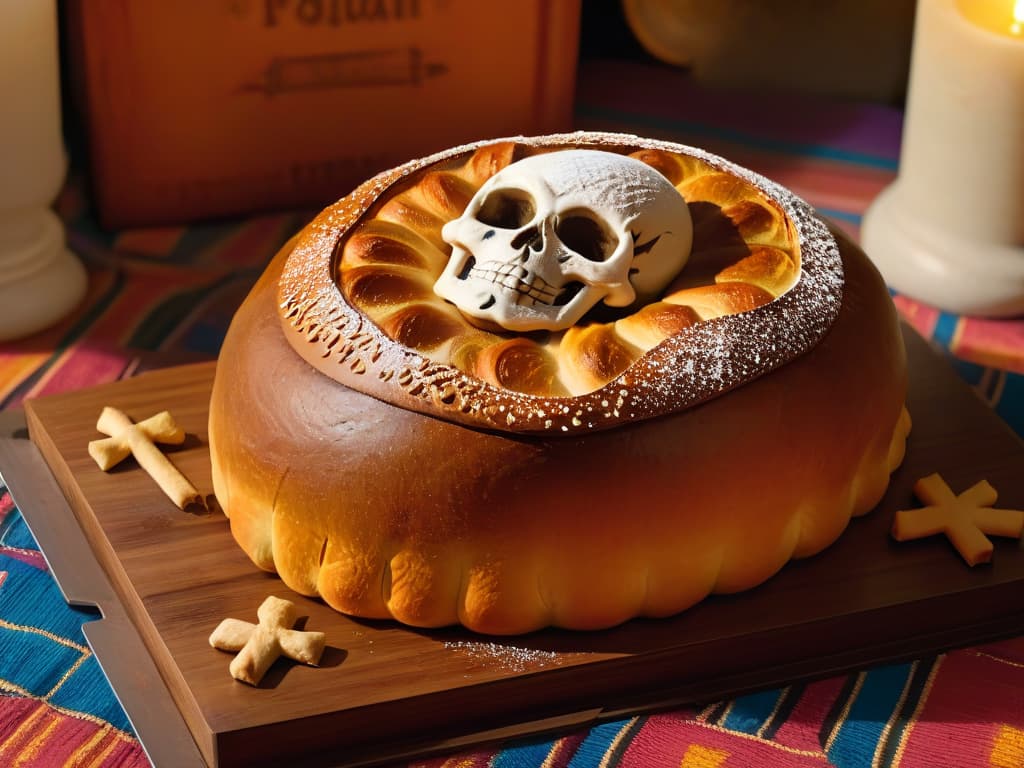  A closeup, ultradetailed image of freshly baked Pan de Muerto, showcasing intricate designs of crossed bones and a skullshaped center, elegantly dusted with sugar. The bread is placed on a rustic wooden table, with a soft, warm light casting gentle shadows, highlighting the texture and golden hues of the pastry. The minimalistic composition emphasizes the cultural significance and artistry of this traditional Mexican treat. hyperrealistic, full body, detailed clothing, highly detailed, cinematic lighting, stunningly beautiful, intricate, sharp focus, f/1. 8, 85mm, (centered image composition), (professionally color graded), ((bright soft diffused light)), volumetric fog, trending on instagram, trending on tumblr, HDR 4K, 8K