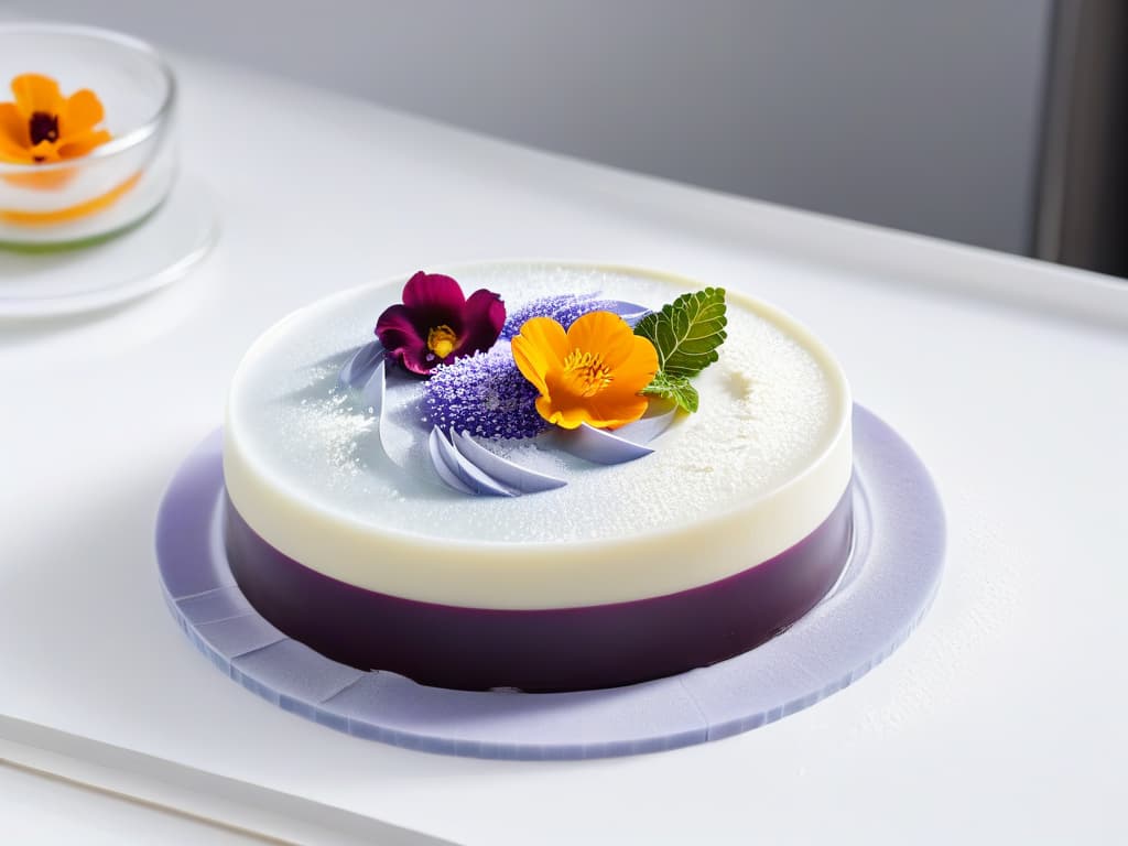  A minimalist, highly detailed image of a molecular gastronomy dessert being meticulously assembled in a sleek, modern kitchen setting. The dessert features intricate layers of transparent gelées, delicate foams, and precisely placed edible flowers, all set against a clean, white backdrop with soft, natural lighting highlighting the precision and artistry of the culinary creation. hyperrealistic, full body, detailed clothing, highly detailed, cinematic lighting, stunningly beautiful, intricate, sharp focus, f/1. 8, 85mm, (centered image composition), (professionally color graded), ((bright soft diffused light)), volumetric fog, trending on instagram, trending on tumblr, HDR 4K, 8K