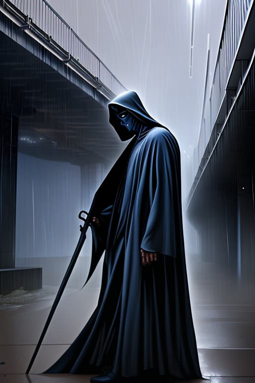  A-TaK, Tall, standing under freeway light, heavy rain, dressed like grim reaper, white mask, Grendel type