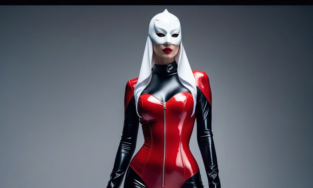  cinematic film still 4K, Strict Nun, towering height, pale skin, brightly colored eyes, puffy lips, in a shiny red latex costume tightly hugging her body. On her head a tight fitting white mask covering the entire head and face. The mask tightly covers the entire face. White gloves on hands. White boots with high heels, red corset, (dark shot: 1.17), epic realistic, grayish, (neutral colors), artistic, (hdr: 1.5), (muted colors: 1.2), with increased detailing, (artstation: 1.5), cinematic, warm light, dramatic light, (complex details: 1.1), complex background, (rukovsky: 0.8), (blue and orange: 0.4), Detailing, ((complex details)), hdr, ((complex details, highly detailed)) . shallow depth of field, vignette, highly detailed, high budget, b hyperrealistic, full body, detailed clothing, highly detailed, cinematic lighting, stunningly beautiful, intricate, sharp focus, f/1. 8, 85mm, (centered image composition), (professionally color graded), ((bright soft diffused light)), volumetric fog, trending on instagram, trending on tumblr, HDR 4K, 8K