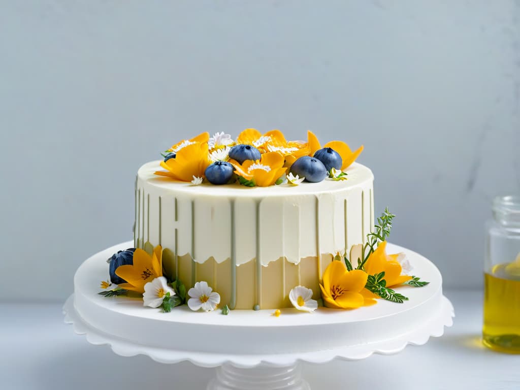  A minimalist and elegant image of a beautifully decorated cake topped with delicate edible flowers and drizzled with essential oilinfused glaze, set on a sleek white marble cake stand. The cake features intricate piping details and is surrounded by scattered fresh herbs and citrus fruits, creating a visually stunning and appetizing display that perfectly embodies the fusion of essential oils and gourmet pastry art. hyperrealistic, full body, detailed clothing, highly detailed, cinematic lighting, stunningly beautiful, intricate, sharp focus, f/1. 8, 85mm, (centered image composition), (professionally color graded), ((bright soft diffused light)), volumetric fog, trending on instagram, trending on tumblr, HDR 4K, 8K