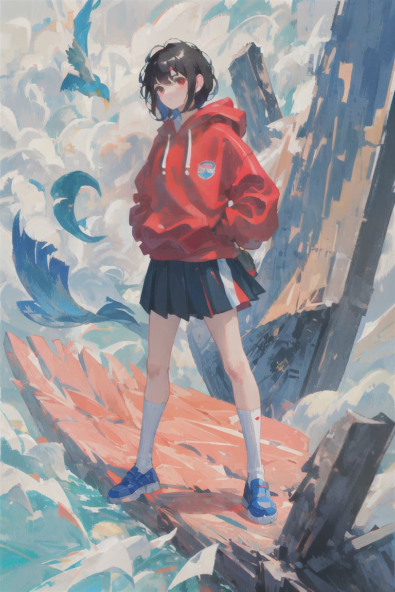  master piece , best quality,Black hair, bobbed hair, high school girl, red hoodie, light blue uniform, soda float, small white bird