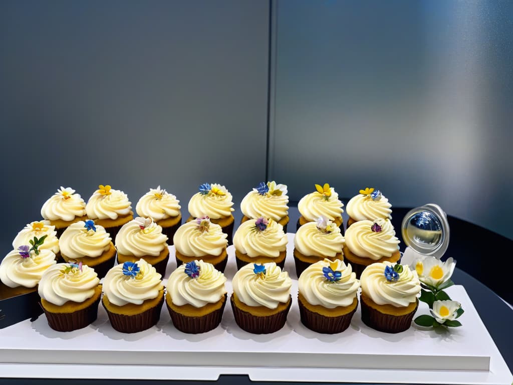  An ultradetailed 8k image of a pristine white marble countertop with an array of beautifully decorated cupcakes in various flavors and designs. Each cupcake is meticulously crafted with intricate frosting swirls, delicate edible flowers, and shimmering sprinkles, showcasing the artistry and skill involved in cupcake decoration. The soft natural light streaming in from a nearby window highlights the exquisite details of the cupcakes, creating a visually stunning and mouthwatering display that captures the essence of the article's focus on online certifications for cupcake specialization. hyperrealistic, full body, detailed clothing, highly detailed, cinematic lighting, stunningly beautiful, intricate, sharp focus, f/1. 8, 85mm, (centered image composition), (professionally color graded), ((bright soft diffused light)), volumetric fog, trending on instagram, trending on tumblr, HDR 4K, 8K