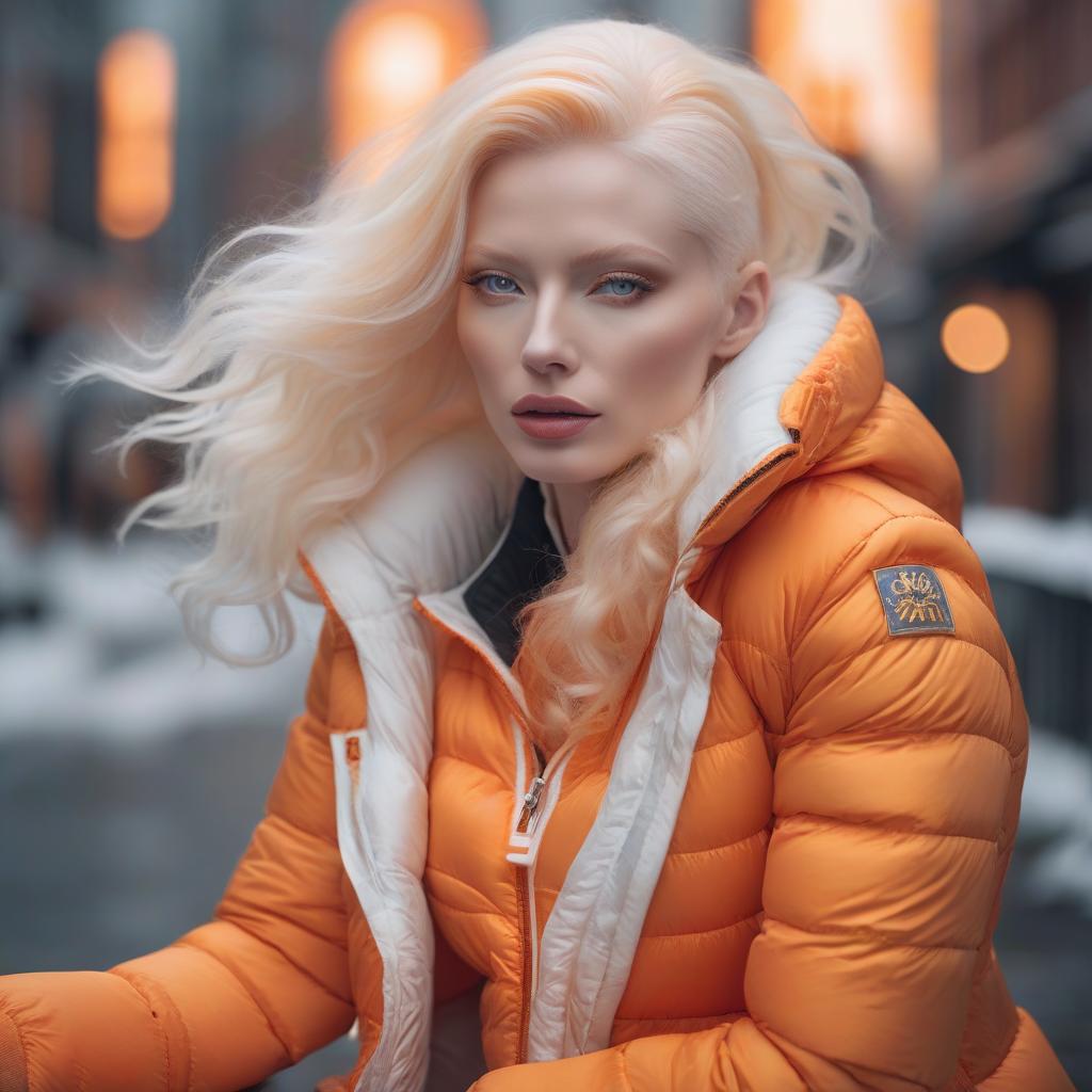  fashionable albino model in an orange down jacket hyperrealistic, full body, detailed clothing, highly detailed, cinematic lighting, stunningly beautiful, intricate, sharp focus, f/1. 8, 85mm, (centered image composition), (professionally color graded), ((bright soft diffused light)), volumetric fog, trending on instagram, trending on tumblr, HDR 4K, 8K