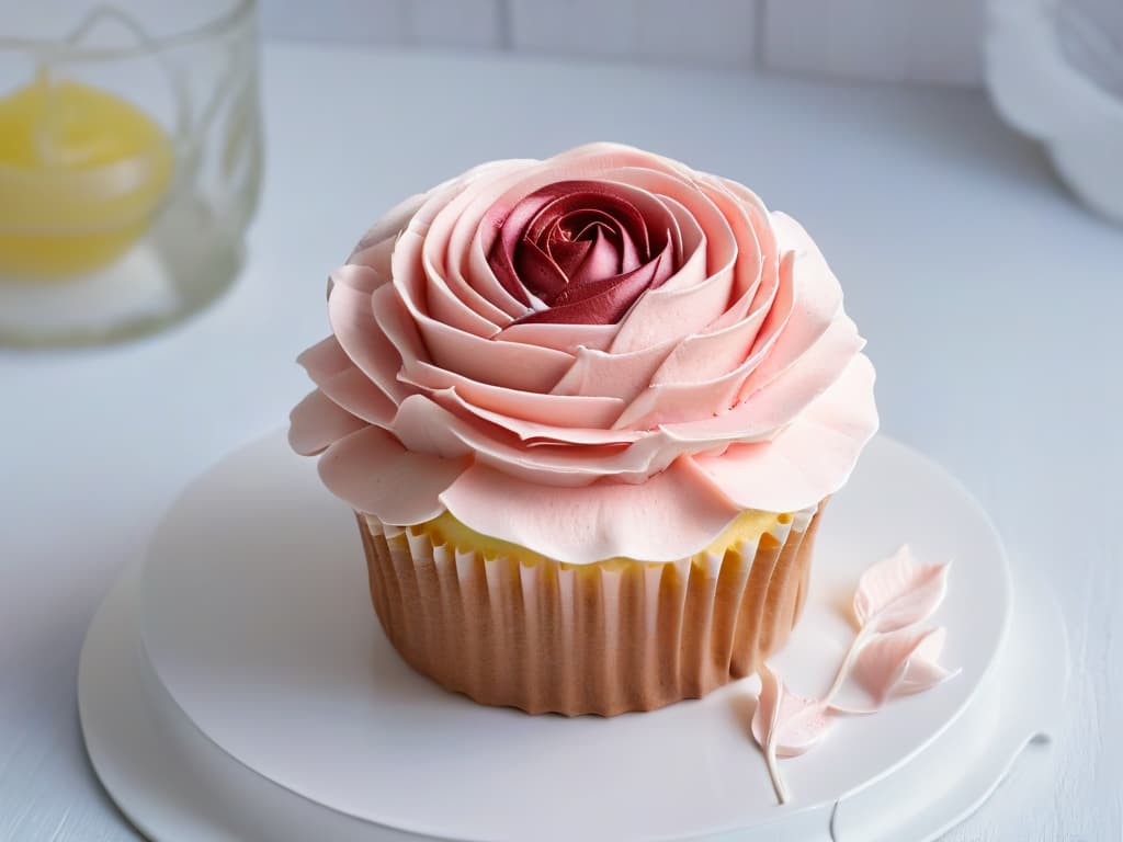  An exquisitely detailed image of a single rose cupcake, delicately frosted with layers of pink buttercream to resemble the petals of a blooming rose. The cupcake sits on a pristine white porcelain plate, with a soft focus background that suggests a lightfilled kitchen setting. Each petal is meticulously crafted, showcasing the intricate artistry and skill required to create these delicate floralinspired treats. The image captures the essence of elegance and sophistication, inviting readers to explore the art of making rose cupcakes with a sense of wonder and inspiration. hyperrealistic, full body, detailed clothing, highly detailed, cinematic lighting, stunningly beautiful, intricate, sharp focus, f/1. 8, 85mm, (centered image composition), (professionally color graded), ((bright soft diffused light)), volumetric fog, trending on instagram, trending on tumblr, HDR 4K, 8K