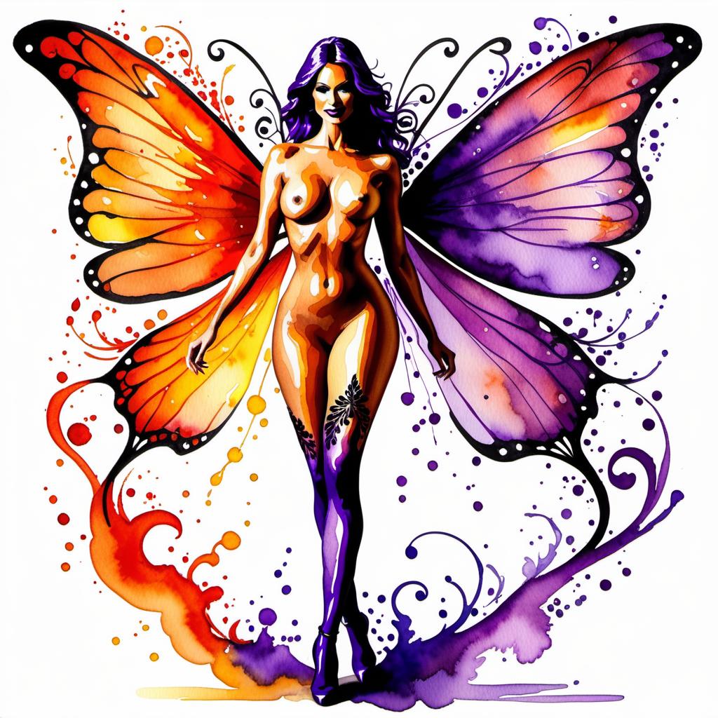 watercolor painting [naked:51] [nudist:51] [full body shot:51] naked|nudist curve|slim|skinny badass splash provocative fiery slutty|desirable without complexes very excited in lace stockings and very fiery flaming full body standing nudist fairy butterfly fiery violet fiery purple wings, full body shot, accent of light and focus between, fire on hands, sorceress with fire in her hands, long fiery and smoke tongue pulled out of mouth, bright blue eyes, elegant masterpieces of tattoos all over the body and on the face big hips, small, big, long stretching does stretching, accent lighting and focus on intimate long haircut and very small and very big lips and n
