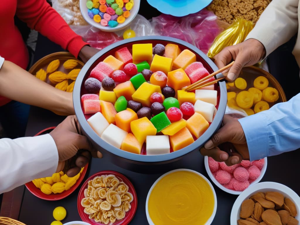  A highresolution, minimalist image of diverse hands reaching out to pick up colorful, traditional sweets from a table set against a backdrop of a community gathering in a time of crisis. The focus is on the vibrant hues of the candies and the varied skin tones of the hands, symbolizing unity and resilience in the face of adversity. hyperrealistic, full body, detailed clothing, highly detailed, cinematic lighting, stunningly beautiful, intricate, sharp focus, f/1. 8, 85mm, (centered image composition), (professionally color graded), ((bright soft diffused light)), volumetric fog, trending on instagram, trending on tumblr, HDR 4K, 8K