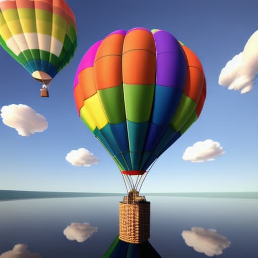  A 3D render of a rainbow colored hot air balloon flying above a reflective lake