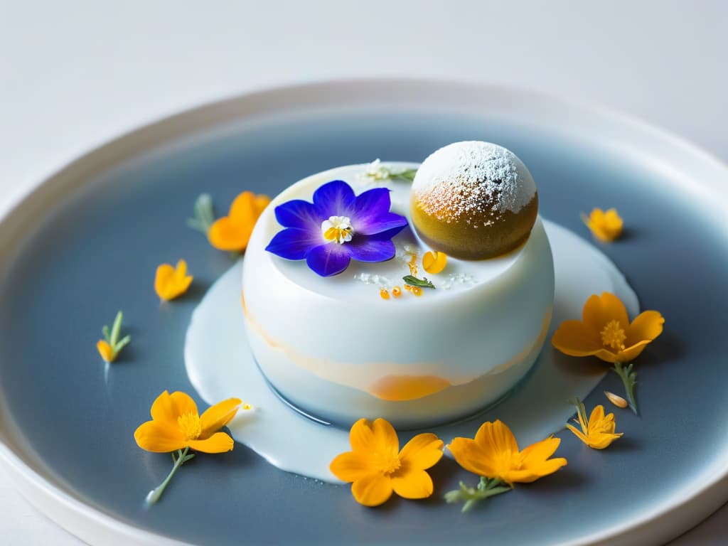  A closeup, ultradetailed image of a delicate, spherical dessert plated elegantly on a pristine white dish. The dessert consists of a translucent gel sphere filled with vibrant, colorful liquid bursting with flavor. The dish is adorned with tiny edible flowers and delicate gold leaf, all set against a stark white backdrop, showcasing the precision and artistry of molecular gastronomy in creating harmonious flavor combinations. hyperrealistic, full body, detailed clothing, highly detailed, cinematic lighting, stunningly beautiful, intricate, sharp focus, f/1. 8, 85mm, (centered image composition), (professionally color graded), ((bright soft diffused light)), volumetric fog, trending on instagram, trending on tumblr, HDR 4K, 8K