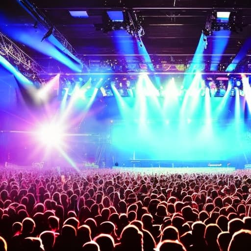  Imagine an imposing stage, with a shiny steel structure and a wide platform. The lights shine brightly, casting vibrant colors everywhere. The audience is full of excited fans, excited by the exciteme