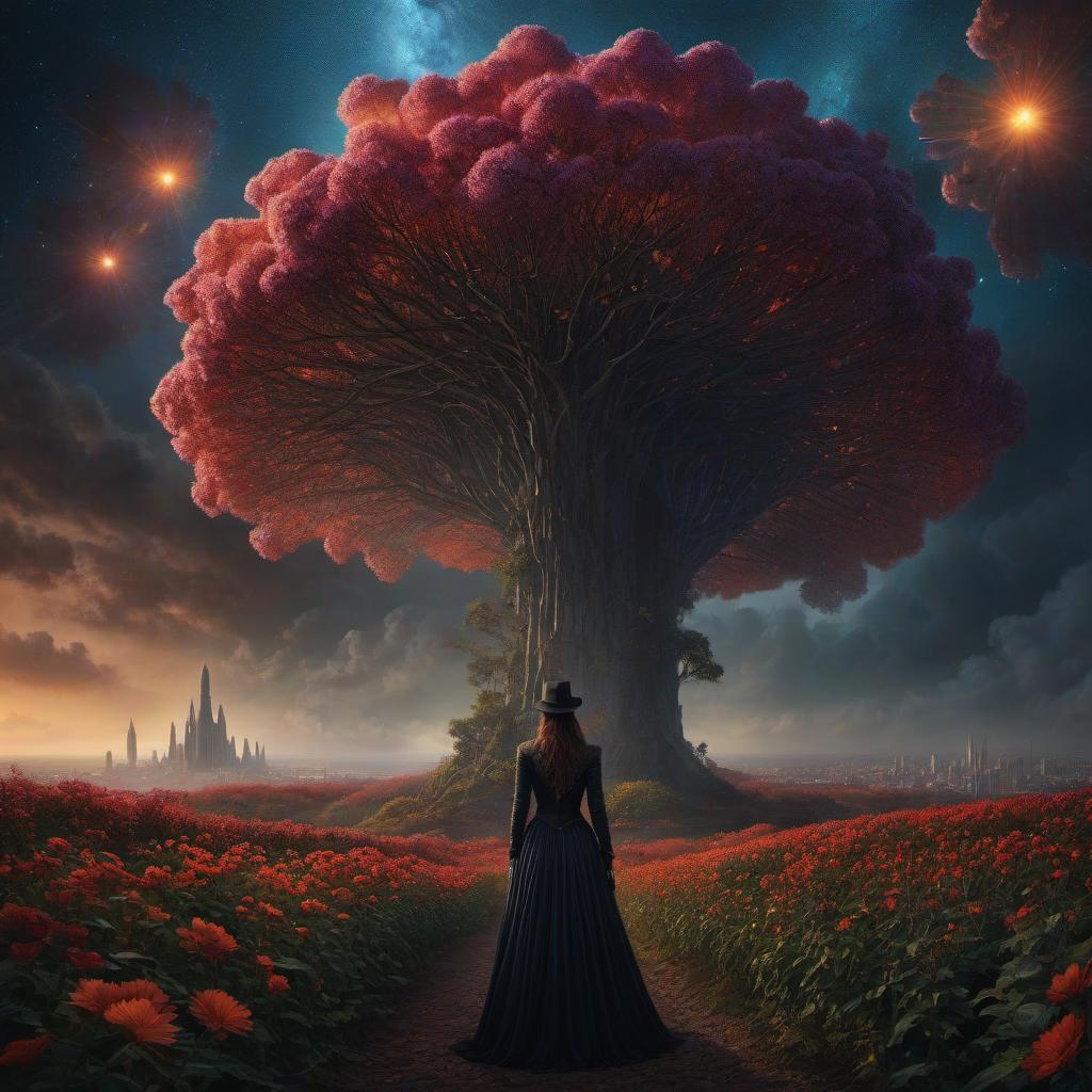  (stylized by Tomasz Alen Kopera:1.3) , dark art, dense flower field and Perseid meteor in background, landscape of a (Barcelona:1.2) , very Bizarre and 1600'S, Hurricane, Glitchcore, Amaro, layered textures, ornate, intricate artistic color, complimentary colors, very inspirational, atmosphere, fine artistic composition, sunny, theatrical hyperrealistic, full body, detailed clothing, highly detailed, cinematic lighting, stunningly beautiful, intricate, sharp focus, f/1. 8, 85mm, (centered image composition), (professionally color graded), ((bright soft diffused light)), volumetric fog, trending on instagram, trending on tumblr, HDR 4K, 8K