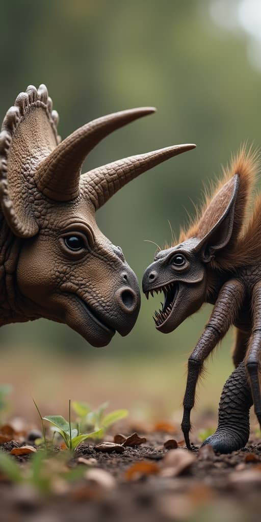  good quality, high quality, a triceratops and a spider looking each other in the eyes, epic, side view