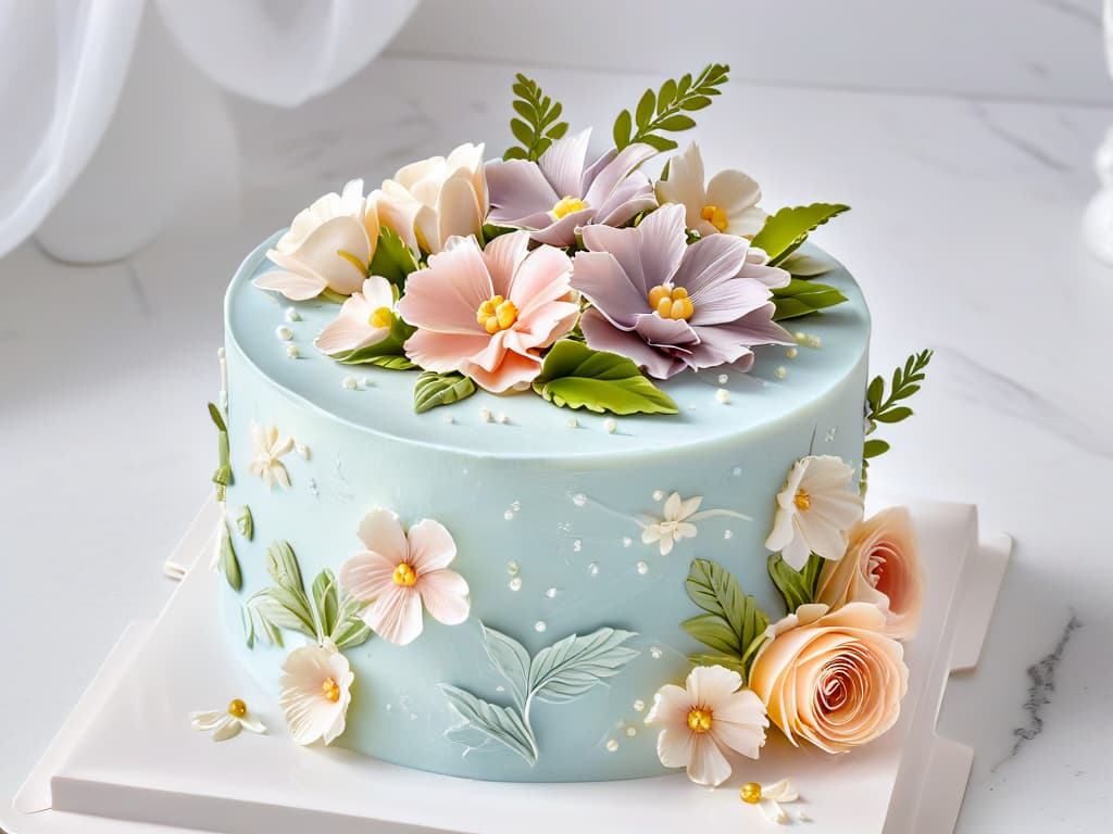  A closeup, ultrahighresolution image of a pristine, intricately decorated cake featuring delicate sugar flowers in pastel hues, meticulously piped details, and shimmering metallic accents. The cake is elegantly displayed on a sleek, white marble surface, creating a visually striking contrast that highlights the exquisite craftsmanship and artistry involved in modern pastry competitions. The image captures every minute detail, showcasing the precision and skill required in the world of competitive baking. hyperrealistic, full body, detailed clothing, highly detailed, cinematic lighting, stunningly beautiful, intricate, sharp focus, f/1. 8, 85mm, (centered image composition), (professionally color graded), ((bright soft diffused light)), volumetric fog, trending on instagram, trending on tumblr, HDR 4K, 8K