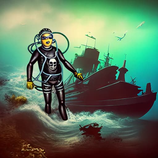  Vintage scuba diver with wrecked ship,  skulls