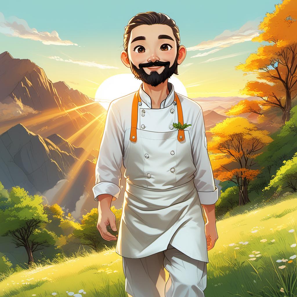  a man walking on a mountain,,a rocky mountain,,a robust, cheerful male chef with a bushy beard, wearing a traditional white chef's hat, a white shirt, and a white apron, and black trousers, white shoes. he has a confident and warm expression, exuding friendliness and strength. the character is detailed with realistic textures and a slightly fantasy inspired aesthetic.,sky blue (#87ceeb), sun yellow (#ffd700), bright white (sunlight reflection) (#ffffff), soft green (grass) (#98fb98), warm orange (sunrise/sunset accent) (#ffa07a),high quality, cartoonish, 4k, comic style, manga and manhwa style, (((painting style)))