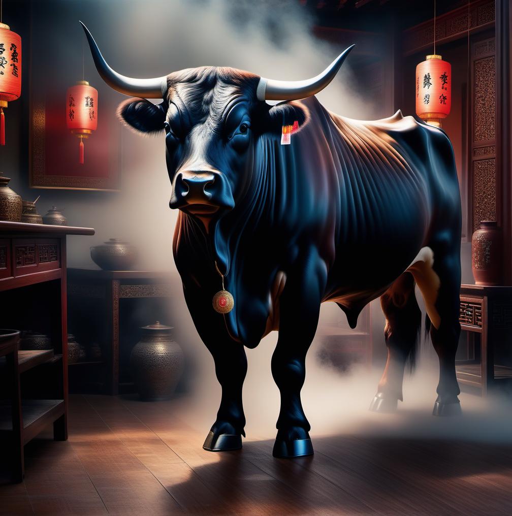 painting of a bull in a china shop hyperrealistic, full body, detailed clothing, highly detailed, cinematic lighting, stunningly beautiful, intricate, sharp focus, f/1. 8, 85mm, (centered image composition), (professionally color graded), ((bright soft diffused light)), volumetric fog, trending on instagram, trending on tumblr, HDR 4K, 8K