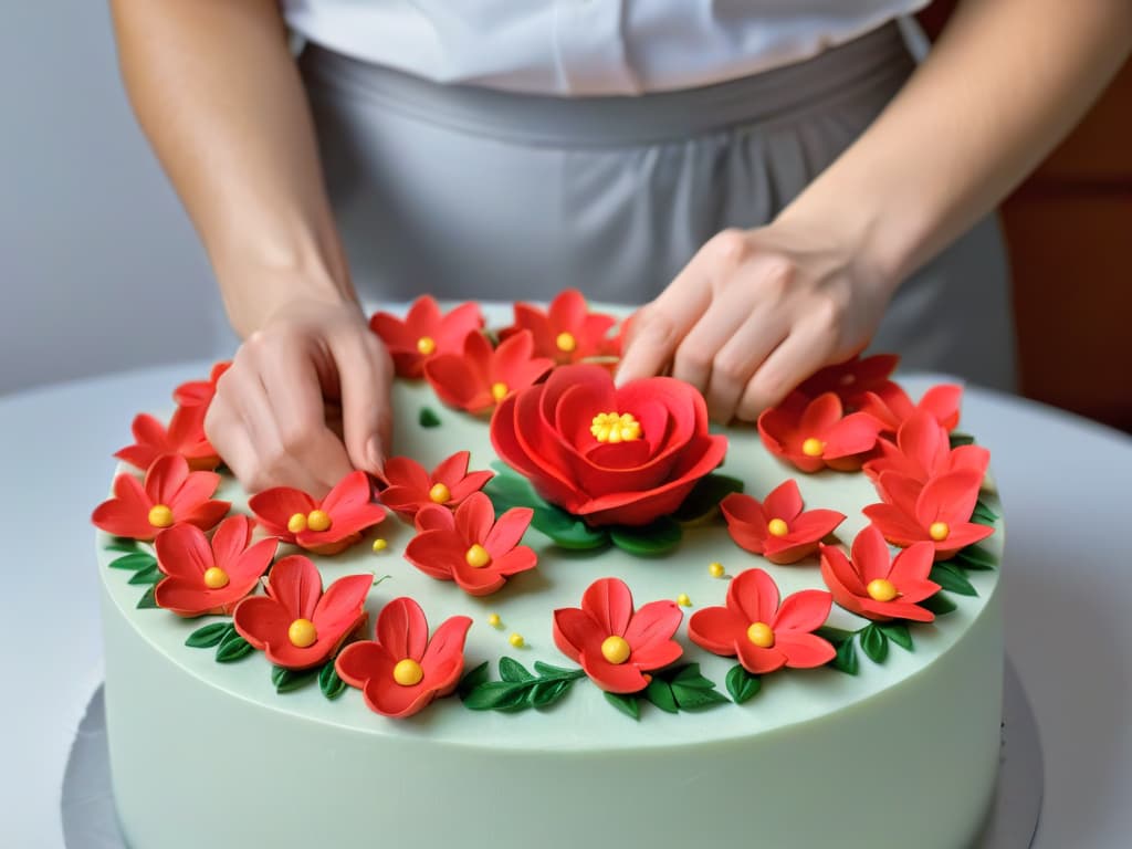  A closeup, ultradetailed image of a skilled baker's hands delicately shaping intricate fondant flowers, showcasing the artistry and precision involved in cake decorating. The image captures the fine details of the baker's nimble fingers as they carefully craft each petal and leaf, highlighting the beauty and creativity that can be achieved through the combination of culinary skills and artistic flair. hyperrealistic, full body, detailed clothing, highly detailed, cinematic lighting, stunningly beautiful, intricate, sharp focus, f/1. 8, 85mm, (centered image composition), (professionally color graded), ((bright soft diffused light)), volumetric fog, trending on instagram, trending on tumblr, HDR 4K, 8K