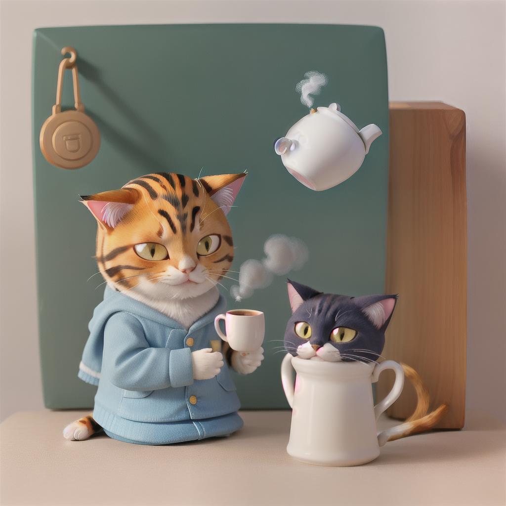  masterpiece, best quality, 
a sleepy cat holding a steaming mug of coffee