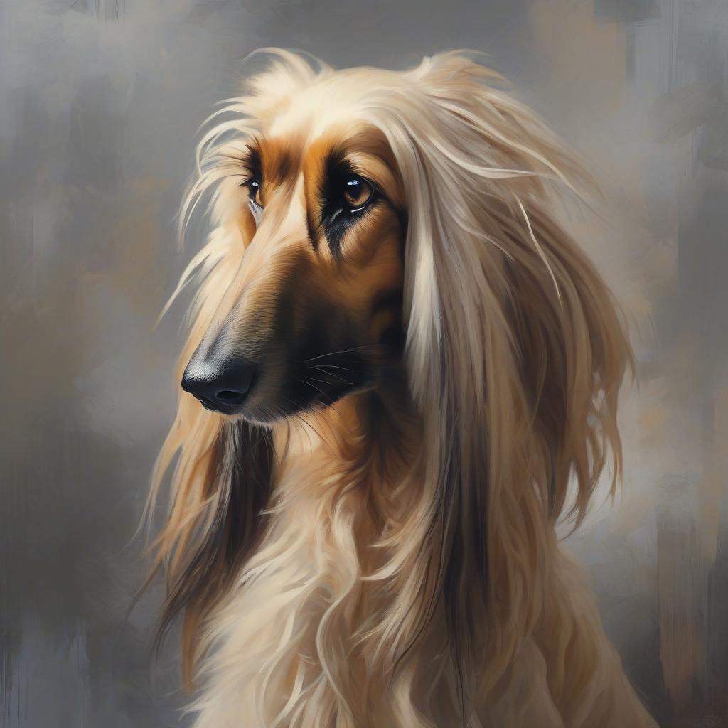  Oil paint, strong brush strokes, paint splashes. An impressive scene of a (((Afghan hound))), who has The eyes are slanted, dark, triangular in shape, (((very long hair on the ears))). Beautiful face, narrow, thin muzzle, perfect anatomy, perfect eyes, detailed eyes, professional, very attractive, high elegant detail, beautiful oil art, focused, painted, intricate, volumetric lighting, magnificent, masterpiece, sharp focus, depth of field, perfect composition, 8k high resolution, pixiv trends, art station, brush strokes, style jamie wyeth james gilleard edward hopper greg rutkowski studio ghibli genshin impact, painting. Panoramic view, Jeremy Mann, Carne Griffiths, Robert Oxley. Rich and deep colors. Image in cell shaded layers. hyperrealistic, full body, detailed clothing, highly detailed, cinematic lighting, stunningly beautiful, intricate, sharp focus, f/1. 8, 85mm, (centered image composition), (professionally color graded), ((bright soft diffused light)), volumetric fog, trending on instagram, trending on tumblr, HDR 4K, 8K