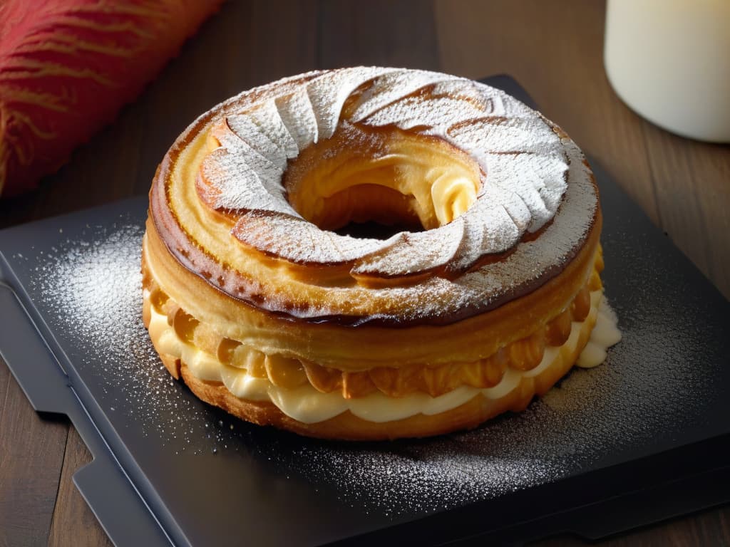  A closeup, ultradetailed image of a freshly baked cronut, showcasing its flaky layers, golden crust, and a light dusting of powdered sugar on a sleek, modern, matte black plate. The lighting is soft and elegant, highlighting the intricate textures of the pastry, with a subtle reflection underneath, adding a touch of sophistication to the minimalistic composition. hyperrealistic, full body, detailed clothing, highly detailed, cinematic lighting, stunningly beautiful, intricate, sharp focus, f/1. 8, 85mm, (centered image composition), (professionally color graded), ((bright soft diffused light)), volumetric fog, trending on instagram, trending on tumblr, HDR 4K, 8K