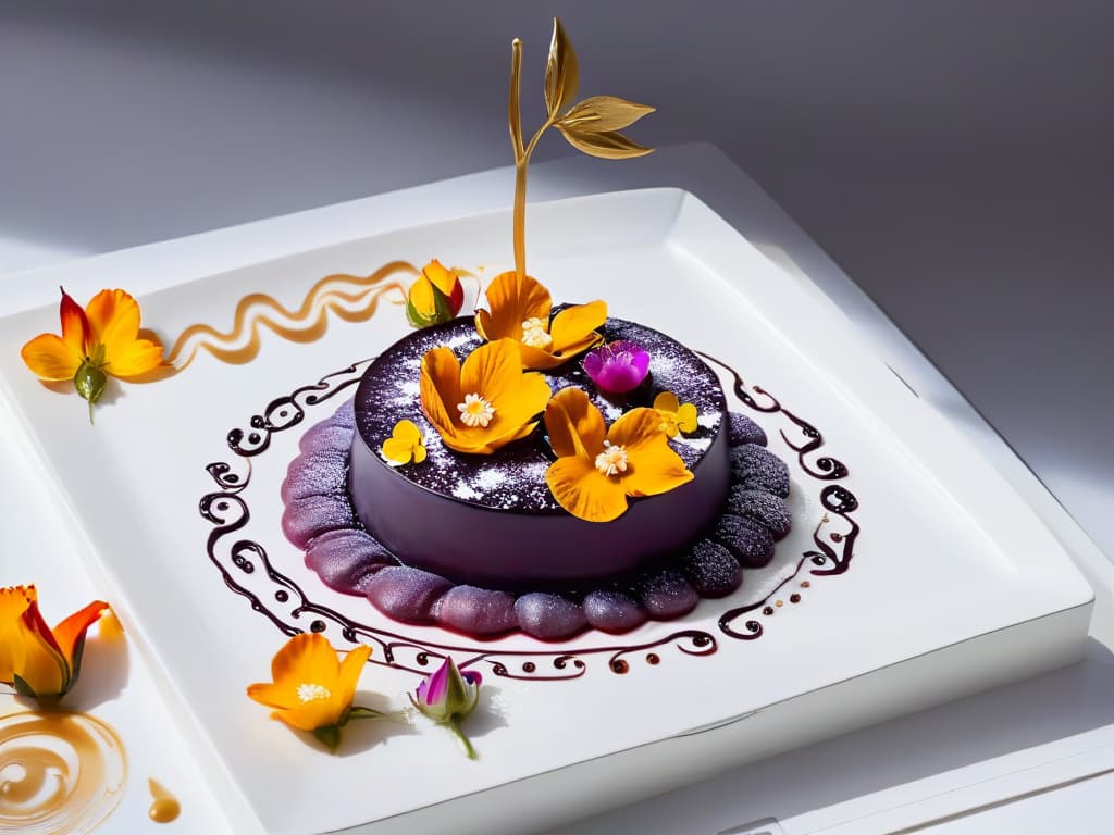  A closeup, ultradetailed image of a delicate dessert plate featuring a fusion dessert that combines elements from multiple cultural backgrounds. The dessert is beautifully presented with intricate swirls of colorful sauces, topped with edible flowers and gold leaf accents, all resting on a minimalist, elegant white plate. The image captures the texture, shine, and artistry of the dessert, showcasing the fusion of flavors and cultural influences in a visually stunning way. hyperrealistic, full body, detailed clothing, highly detailed, cinematic lighting, stunningly beautiful, intricate, sharp focus, f/1. 8, 85mm, (centered image composition), (professionally color graded), ((bright soft diffused light)), volumetric fog, trending on instagram, trending on tumblr, HDR 4K, 8K